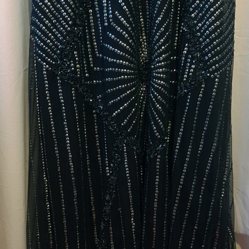 Anthropologie AIDAN MATTOX Navy Sheer Silver Sequin Maxi Gown 6 - Picture 7 of 11